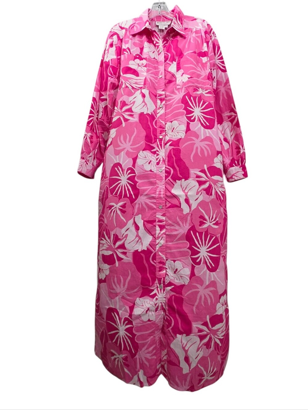 Nwt 80's Brownstone Studio Longsleeve Pink Tropical Shirtstyle Snap Maxidress